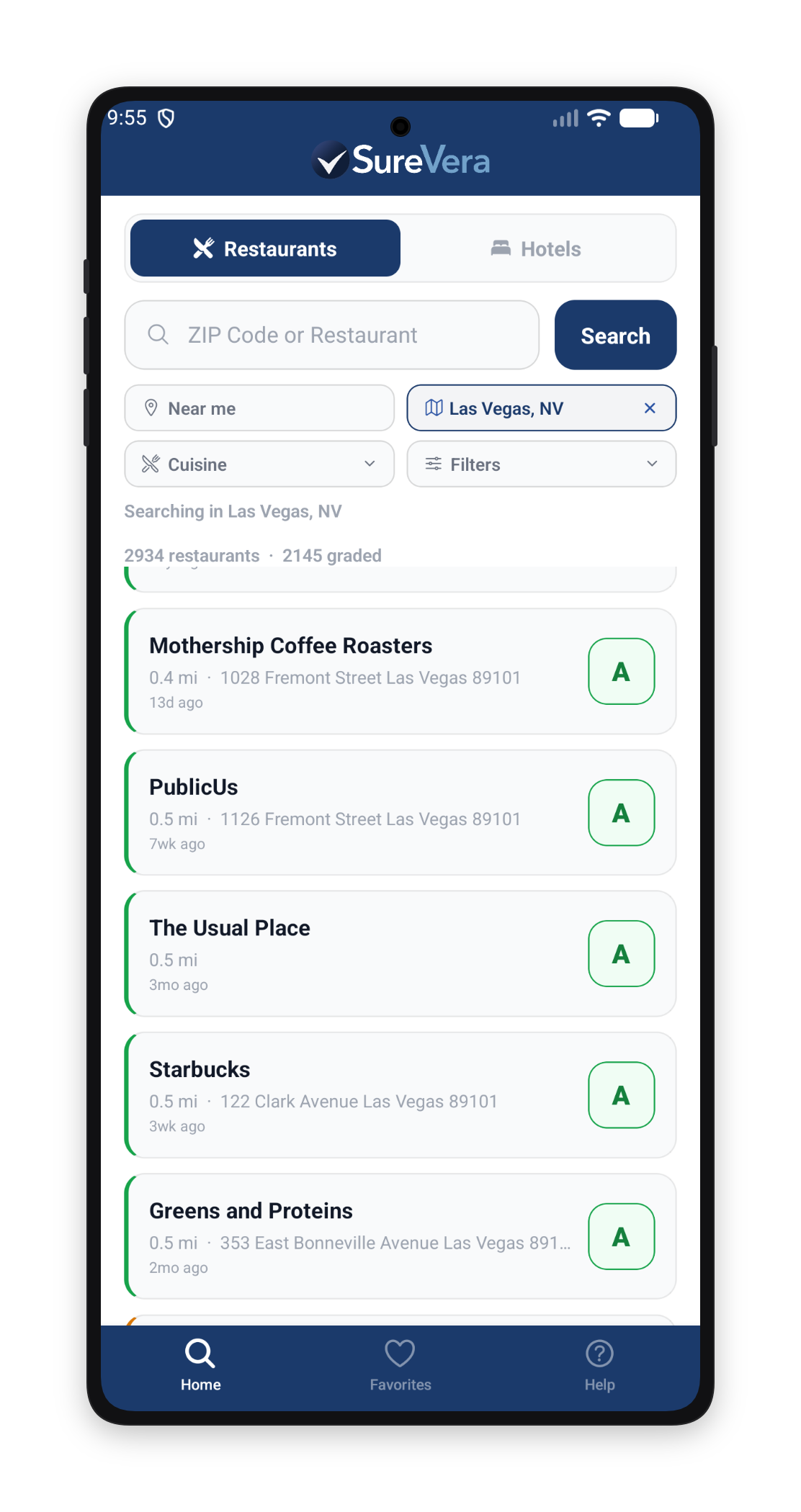 SureVera app — search restaurants by city and see health grades